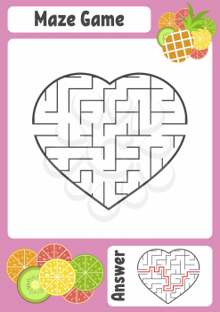 Maze in the shape of a heart. Kids worksheets. Activity page. Game puzzle for children. Appetizing tropical fruits. Labyrinth conundrum. Vector illustration. With answer.