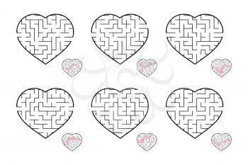 A set of labyrinths of hearts. Game for kids. Puzzle for children. Labyrinth conundrum. Flat vector illustration isolated on white background.