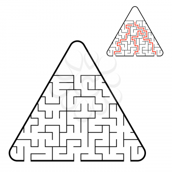 Abstract triangular labyrinth. Find the right path. Game for kids. Puzzle for children. Labyrinth conundrum. Flat vector illustration isolated on white background. With the answer