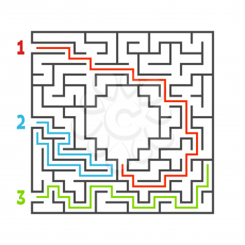 Abstract square maze. Game for kids. Puzzle for children. Three entrance, one exit. Labyrinth conundrum. Flat vector illustration isolated on white background. With answer. With place for your image