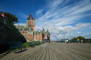 Scenic view of Chateau Frontenac and Dufferin terrace in Quebec city, in Canada