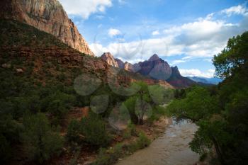 View of the Watchman mountain and the virgin river in Zion National Park in Utah in United States