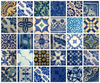 Collage of more than 30 different blue patterns tiles in Lisbon, Portugal