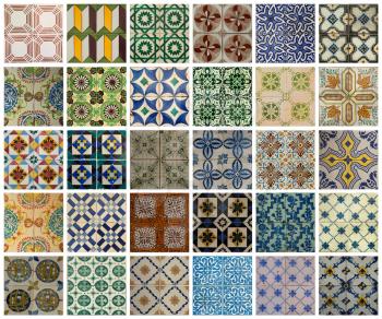 Collage of different colors pattern tiles in Lisbon, Portugal