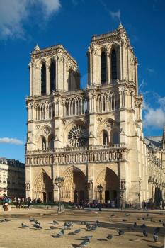 PARIS, FRANCE, MARCH 02 2015: Front view of Cathedrale Notre Dame de Paris in Paris, France.