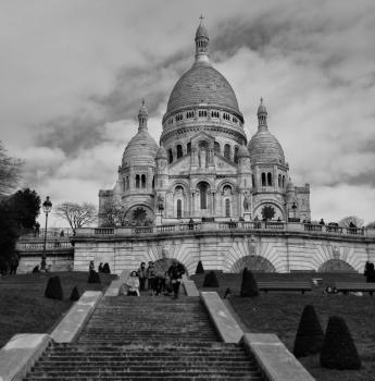 Sacre coeur basilica in Montmartre, Paris, France in black and white