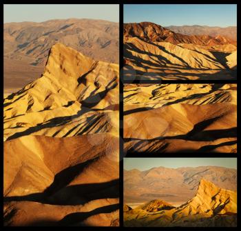 Collage of different pointe of view of Zabriskie Point in Death Valley