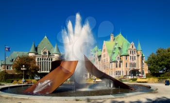 QUEBEC-CANADA 6 OCT. 2016:  Modern fountain create by Charles Daudelin in front of the train station named Gare du Palais in Quebec, Canada