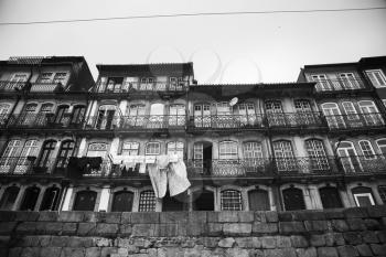 Houses and building along the Douro in Porto, Lisbon.  Black and white picture.