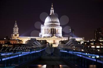 LONDON, UK - JUNE 6 , 2017:  View of millinium bridge and St-Pauls cathedrale at night in London, UK