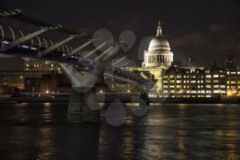 LONDON, UK - JUNE 6 , 2017:  View of millinium bridge and St-Pauls cathedrale at night in London, UK