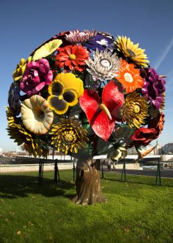 LYON-FRANCE NOVEMBER 15, 2015:   Flower tree is a contemporary art with his 85 different flowers made by a korean artist Jeong Hwa Choi and exposed at Antonin Poncet square since 2003.