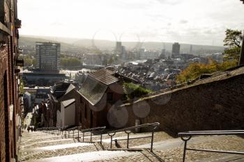View of Montagne de Bueren, a 374-step staircase in Liege, Belgium with the view of the city