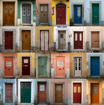 A collage of coloured portuguese doors from lisbon, portugal capital's