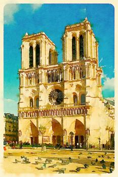 Digital watercolour of Notre-Dame-de-Paris in Paris, France