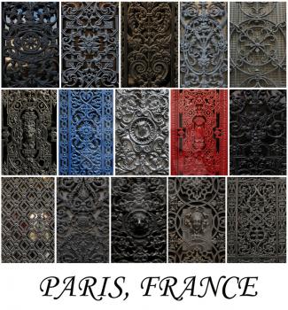 A collage of Parisian metal door window, presented in a white border with the city name Paris.