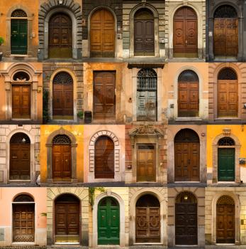 A collage of 24 wooden doors from Roma, Italy 