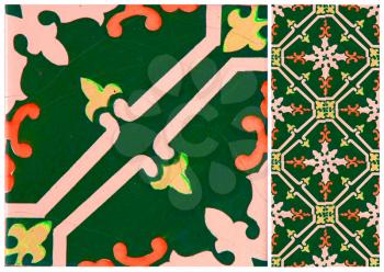 Photographs of traditional portuguese tiles with flowers in green tone