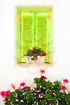 Digital watercolour of a green window on a white wall with pink flowers 