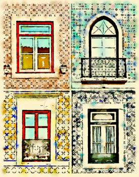 Digital watercolor of 4 different kind of windows surround by tiles in Portugal