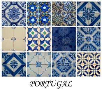 Collage of different blue pattern tiles in Lisbon, Portugal 