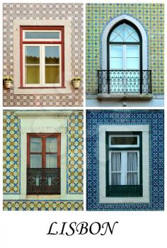 A collage of Portuguese windows presented in a white border with the city name Lisbon.