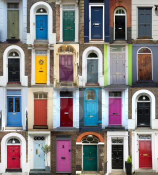 Collage of 24 old and colorful doors from London, UK