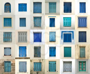 Collage of different blue windows in Greece