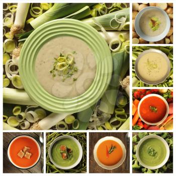 Collage showing different kind of soup, tomato, celery, asparagus, leek, vegetables, and potato