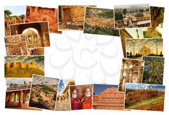 Collage of images from famous location in Rajasthan, India with copy space in the middle on white background
