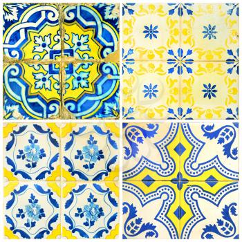 Photograph of four traditional portuguese tiles in blue and yellow
