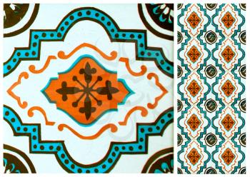 Photographs of traditional portuguese tiles with flowers in turquoise and orange tone
