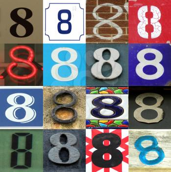 Numbers collection 8 in different colours and patterns as wood, paper and brick 