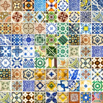Photograph of traditional portuguese tiles in different pattern and colours