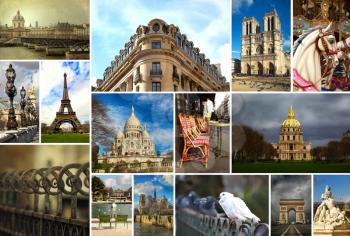 Collage of images from famous location in Paris in France