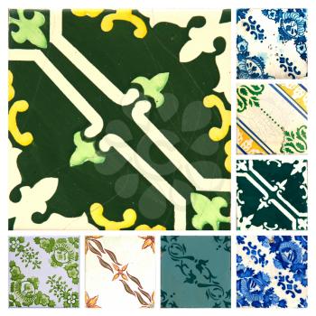 Photograph of 8 traditional portuguese tiles in different colours and patterns