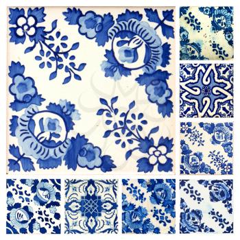 Photograph of 8 traditional portuguese tiles in different colours and patterns