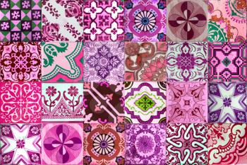 Photograph of traditional portuguese tiles in different kind of pink, red, and purple
