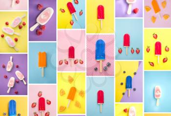 Collage of different kind of popsicles on different coloured background