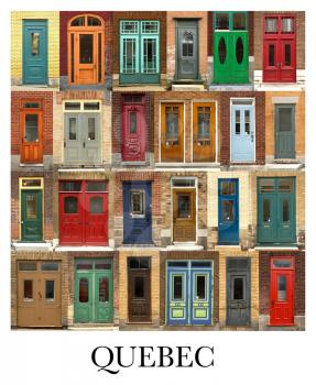 A collage of Quebecer doors, presented in a white border with the city name Quebec.