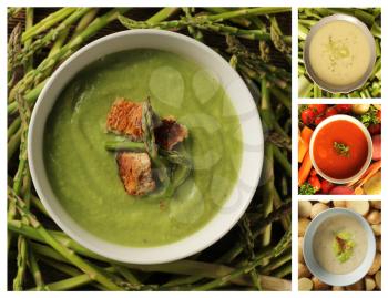 Collage showing different kind of soup, Tomato, celery, asparagus, leek, vegetables, and potato