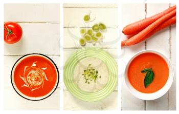Different variety of soup and veggies on wooden background. Tomato, celery, leek and carrot
