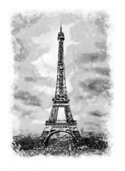 Digital watercolour of eiffel tower in Paris in black and white