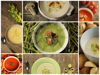 Different variety of soup on wooden background. Tomato, celery, asparagus, leek, vegetable, and mushroom 