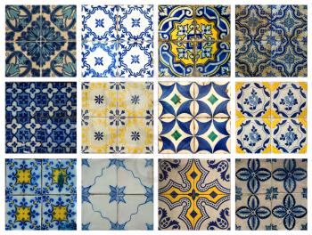 Collage of different blue and yellow pattern tiles in Lisbon, Portugal