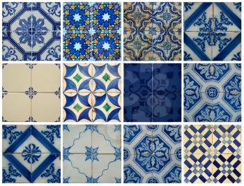 Collage of different blue pattern tiles in Lisbon, Portugal