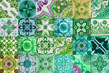 Photograph of traditional portuguese tiles in different kind of green colour
