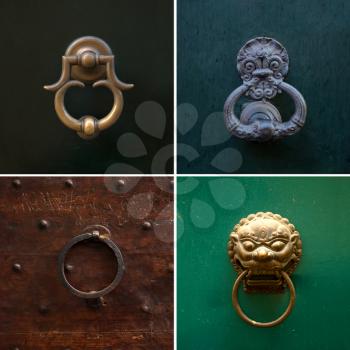 Collage of different knockers and handles on doors on green and wooden background