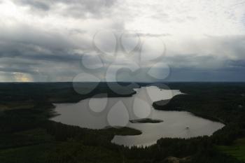 Royalty Free Photo of an Aerial View of a Forest and Water