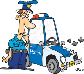 Royalty Free Clipart Image of a Policeman With a Smashed Car